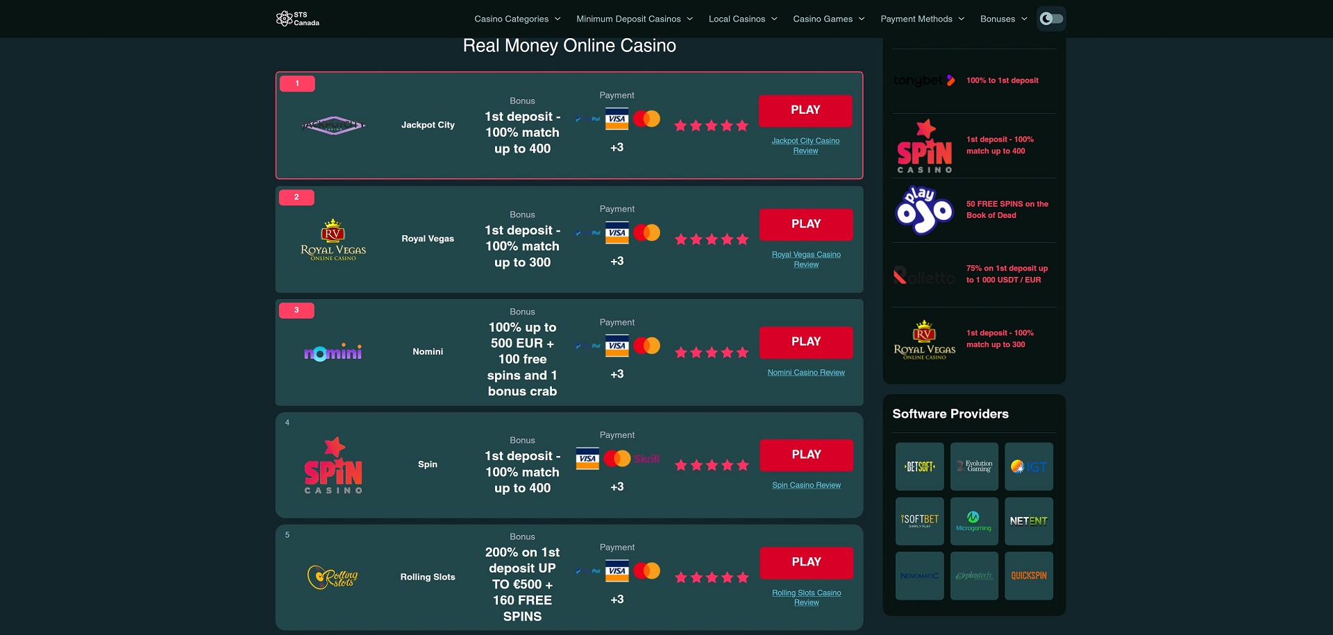 Screenshot of Sts-Canada.ca Site With Best Real Money Casinos